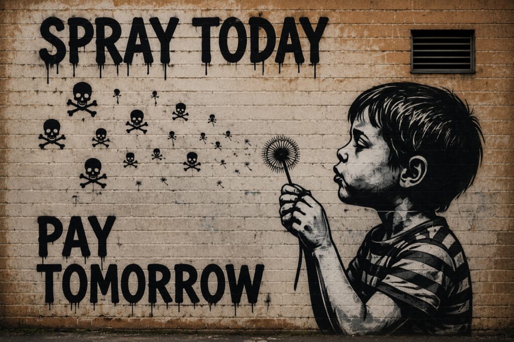 Street-art mural: child blowing a dandelion whose seeds turn to skulls — Spray Today, Pay Tomorrow